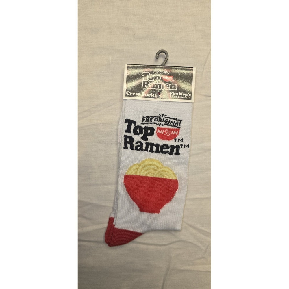 Top Ramen Crew Socks Men's Shoe Size 6-12 White Red Food Print Noodle Bowl